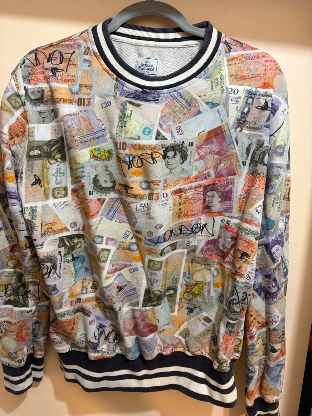 Vivienne Westwood Multicolor Money Print Crewneck with Navy Trim